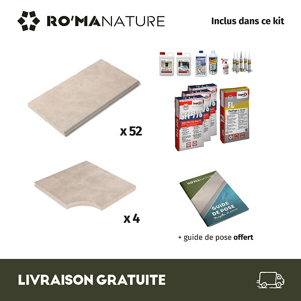 RO'MA NATURE - KIT COMPLET - Margelles pour piscine 10x5m en Pierre Atlas Beige (avec colle, joint, hydrofuge ...) - large