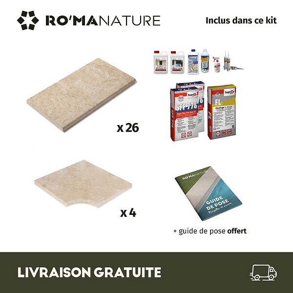 RO'MA NATURE - KIT COMPLET - Margelles pour piscine 4x4m en Travertin Beige Mix (avec colle, joint, hydrofuge ...) - large