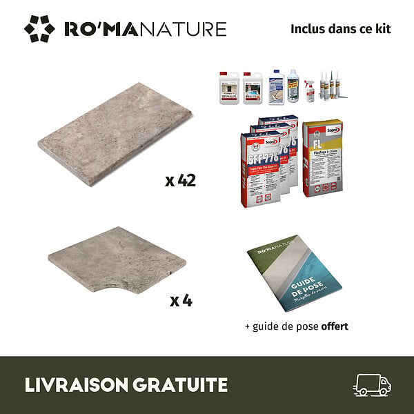 RO'MA NATURE - KIT COMPLET - Margelles pour piscine 8x4m en Travertin Gris (avec colle, joint, hydrofuge ...) - large