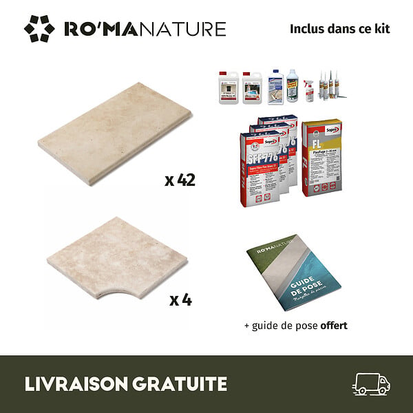 RO'MA NATURE - KIT COMPLET - Margelles pour piscine 8x4m en Travertin Beige Light (avec colle, joint, hydrofuge ...) - large