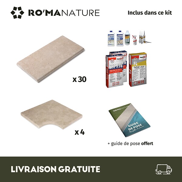 RO'MA NATURE - KIT COMPLET - Margelles pour piscine 6x3m en Pierre Egypte Beige (avec colle, joint, hydrofuge ...) - large