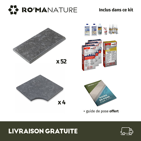 RO'MA NATURE - KIT COMPLET - Margelles pour piscine 10x5m en Pierre Egypte Gris (avec colle, joint, hydrofuge ...) - large