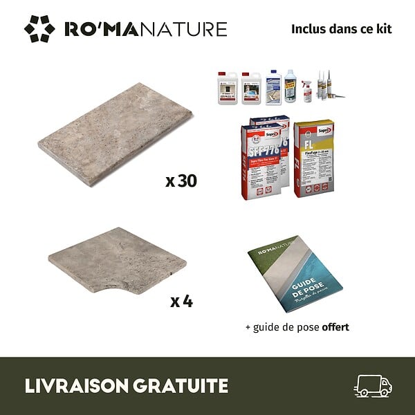 RO'MA NATURE - KIT COMPLET - Margelles pour piscine 6x3m en Travertin Gris (avec colle, joint, hydrofuge ...) - large