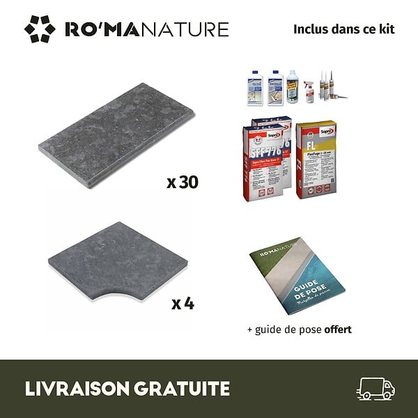 RO'MA NATURE - KIT COMPLET - Margelles pour piscine 6x3m en Pierre Egypte Gris (avec colle, joint, hydrofuge ...) - large