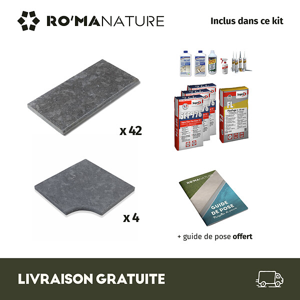 RO'MA NATURE - KIT COMPLET - Margelles pour piscine 8x4m en Pierre Egypte Gris (avec colle, joint, hydrofuge ...) - large