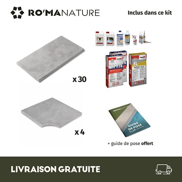 RO'MA NATURE - KIT COMPLET - Margelles pour piscine 6x3m en Pierre Atlas Gris (avec colle, joint, hydrofuge ...) - large