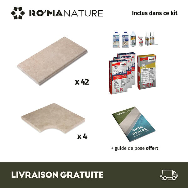 RO'MA NATURE - KIT COMPLET - Margelles pour piscine 8x4m en Pierre Egypte Beige (avec colle, joint, hydrofuge ...) - large