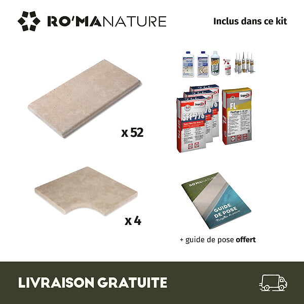 RO'MA NATURE - KIT COMPLET - Margelles pour piscine 10x5m en Pierre Egypte Beige (avec colle, joint, hydrofuge ...) - large