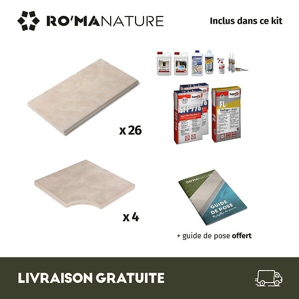 RO'MA NATURE - KIT COMPLET - Margelles pour piscine 4x4m en Pierre Atlas Beige (avec colle, joint, hydrofuge ...) - large