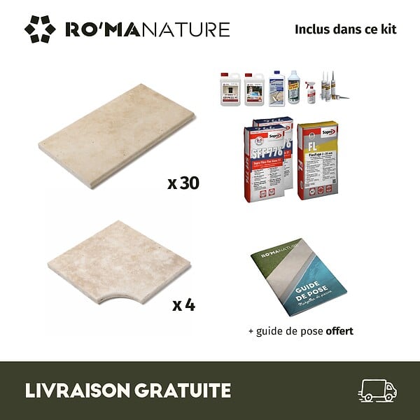 RO'MA NATURE - KIT COMPLET - Margelles pour piscine 6x3m en Travertin Beige Light (avec colle, joint, hydrofuge ...) - large