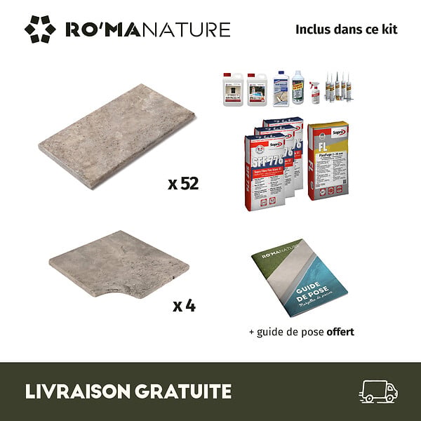 RO'MA NATURE - KIT COMPLET - Margelles pour piscine 10x5m en Travertin Gris (avec colle, joint, hydrofuge ...) - large