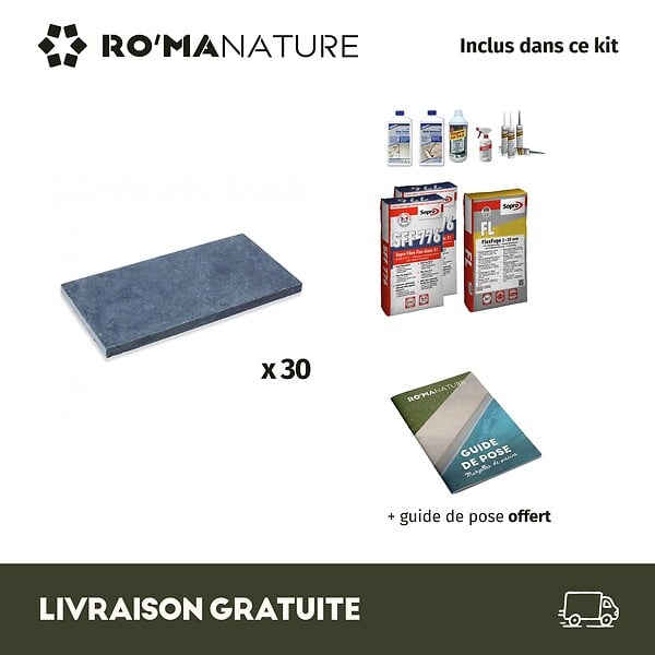 RO'MA NATURE - KIT COMPLET - Margelles pour piscine 6x3m en Pierre Bleue Vietnam (avec colle, joint, hydrofuge ...) - large