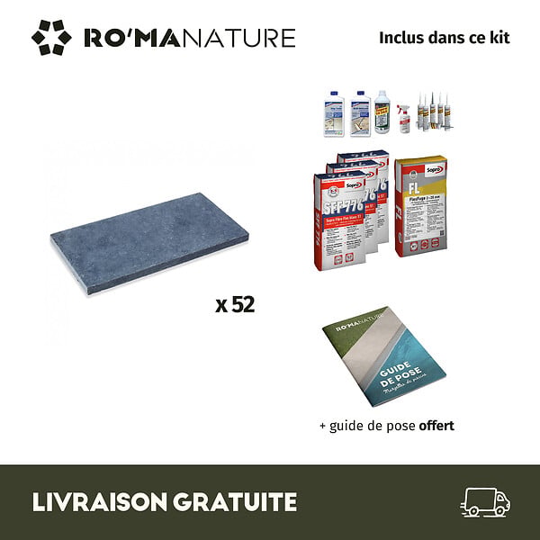 RO'MA NATURE - KIT COMPLET - Margelles pour piscine 10x5m en Pierre Bleue Vietnam (avec colle, joint, hydrofuge ...) - large