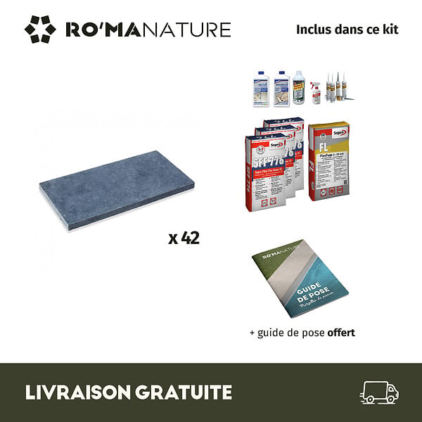 RO'MA NATURE - KIT COMPLET - Margelles pour piscine 8x4m en Pierre Bleue Vietnam (avec colle, joint, hydrofuge ...) - large
