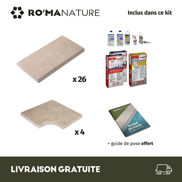 RO'MA NATURE - KIT COMPLET - Margelles pour piscine 4x4m en Pierre Egypte Beige (avec colle, joint, hydrofuge ...) - large