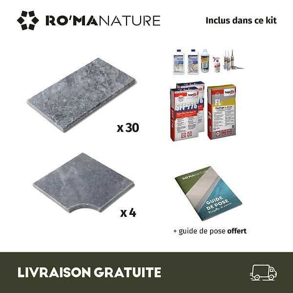 RO'MA NATURE - KIT COMPLET - Margelles pour piscine 6x3m en Pierre Adana Gris Bleu (avec colle, joint, hydrofuge ...) - large