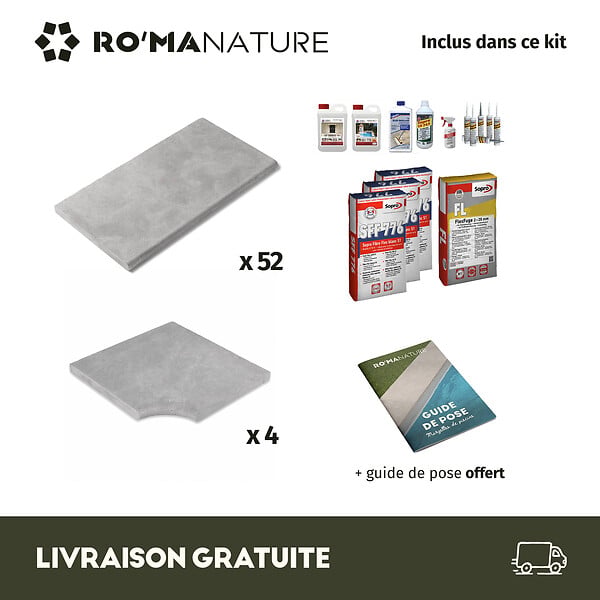 RO'MA NATURE - KIT COMPLET - Margelles pour piscine 10x5m en Pierre Atlas Gris (avec colle, joint, hydrofuge ...) - large