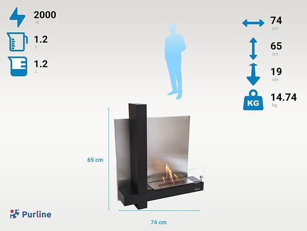 PURLINE - Cheminée à l'éthanol en verre et acier inox noir - large