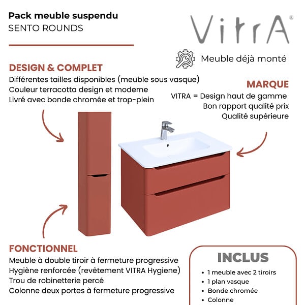 VITRA - Meuble vasque suspendu VitrA Sento Round 80cm Terracotta mat + Colonne version droite - large