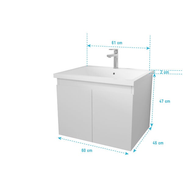 AURLANE - Meuble de salle de bains 60cm a Suspendre Blanc - 2 Portes - Vasque Blanche - ELEMENTARY - large