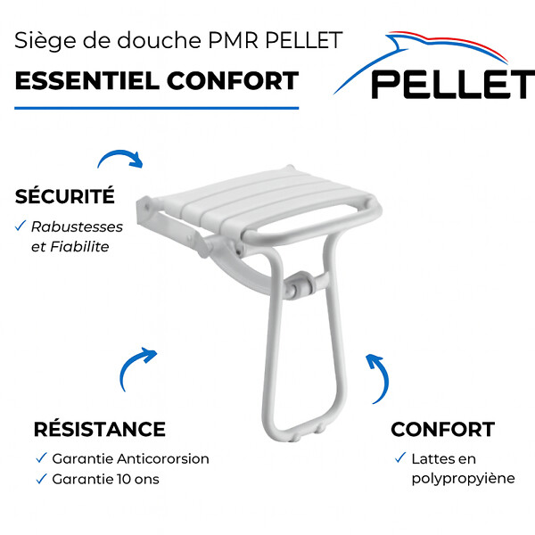 PELLET - Pack avec siège de douche PMR escamotable blanc brillant + 2 barres d'appui 42,5 cm - large