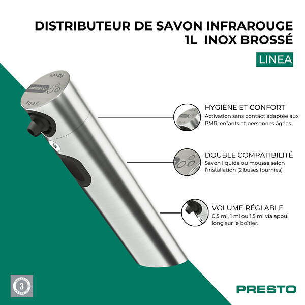 PRESTO - Distributeur de savon infrarouge 1L Linea inox brossé - large