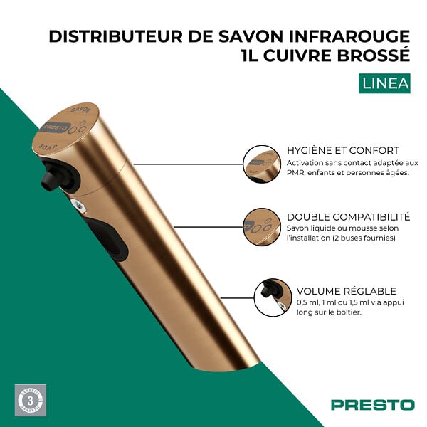 PRESTO - Distributeur de savon infrarouge 1L Linea cuivre brossé - large