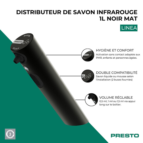 PRESTO - Distributeur de savon infrarouge 1L Linea noir mat - large