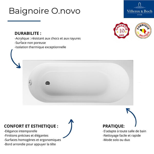 VILLEROY ET BOCH - Baignoire droite avec pieds 170 x 75 cm O.Novo Blanc + Pare bain droite AURYS Raywall noir mat - large