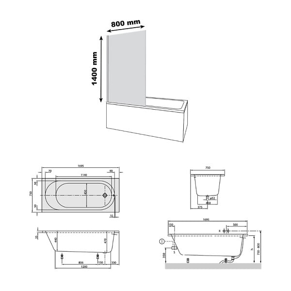 VILLEROY ET BOCH - Baignoire droite avec pieds 170 x 75 cm O.Novo Blanc + Pare bain droite AURYS Raywall noir mat - large