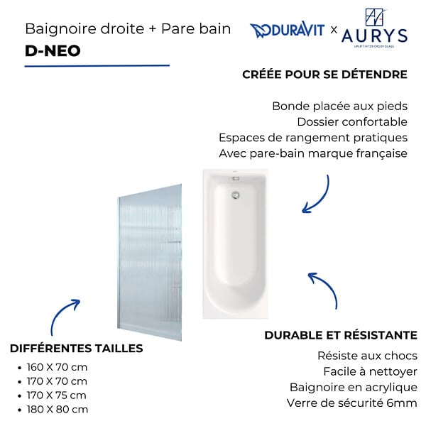 DURAVIT - Baignoire droite 170 X 70 D-Neo + Pare bain AURYS Raywall noir mat version gauche - large