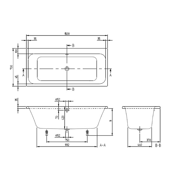 VILLEROY ET BOCH - Baignoire droite Architectura 150 x 70 cm Blanc + Pare bain droite AURYS Raywall Noir mat - large
