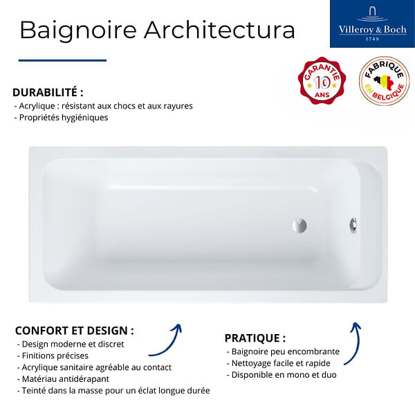 VILLEROY ET BOCH - Baignoire droite Architectura acrylique 160 x 70 cm  + Pare bain droite AURYS Raywall Noir mat - large