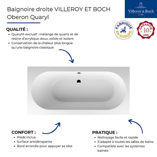 VILLEROY ET BOCH - Baignoire droite  Oberon quaryl 190 x 90 cm  + Pare bain droite AURYS Raywall Noir mat - large