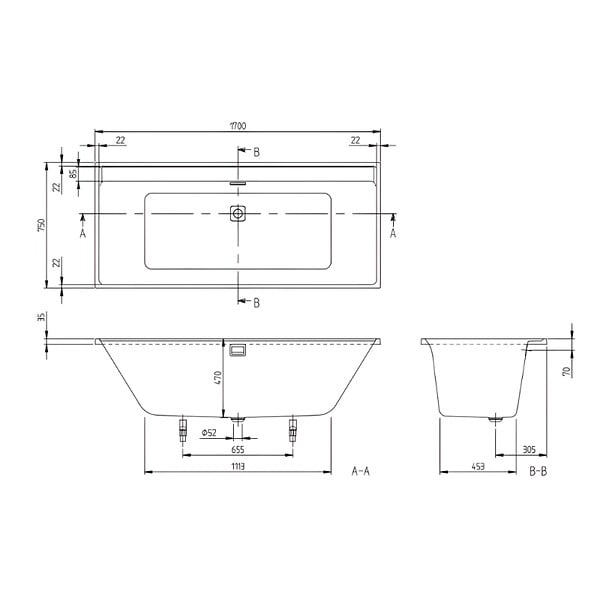 VILLEROY ET BOCH - Baignoire droite  Collaro 170 x 75cm Blanc mat  vidage et trop plein blanc mat + Pare bain gauche AURYS Raywall - large
