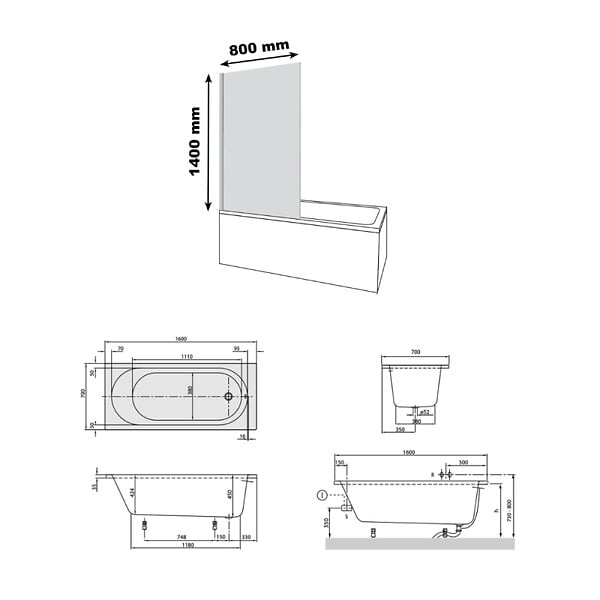 VILLEROY ET BOCH - Baignoire droite avec pieds 160 x 70 cm O.Novo Blanc + Pare Bain gauche AURYS Raywall noir mat - large