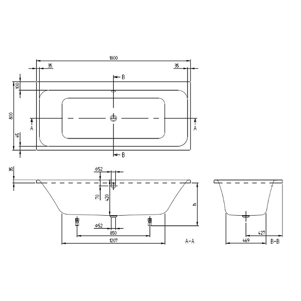 VILLEROY ET BOCH - Baignoire droite Architectura avec pieds 180 x 80 cm Blanc + Pare bain gauche AURYS Raywall Noir mat - large