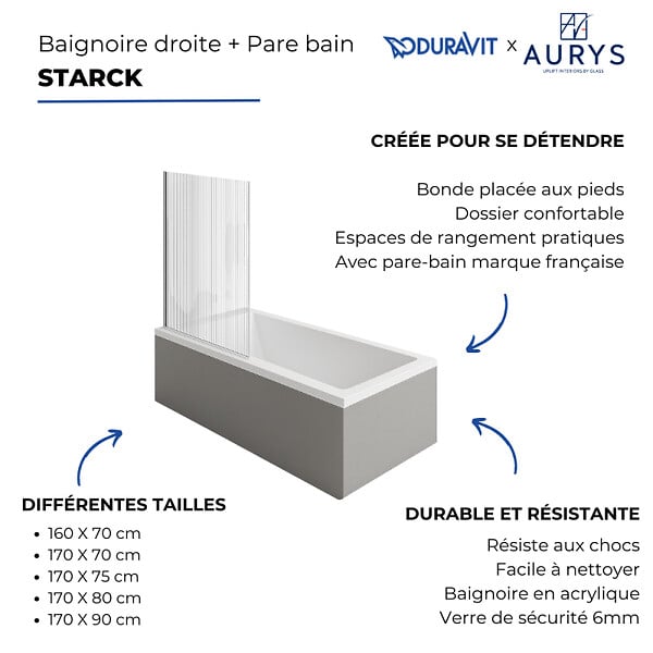 DURAVIT - Baignoire droite 160 X 70 Starck + Pare bain AURYS Raywall noir mat version droite - large