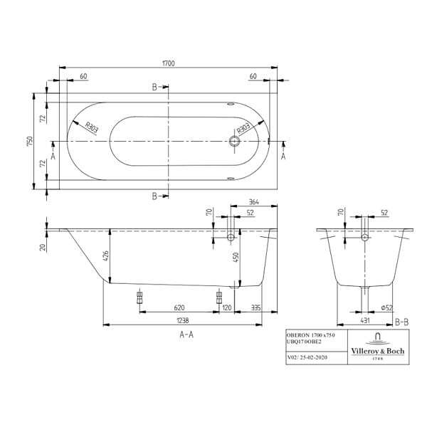 VILLEROY ET BOCH - Baignoire droite  Oberon quaryl 170 x 75 cm  + Pare bain gauche AURYS Raywall Noir mat - large