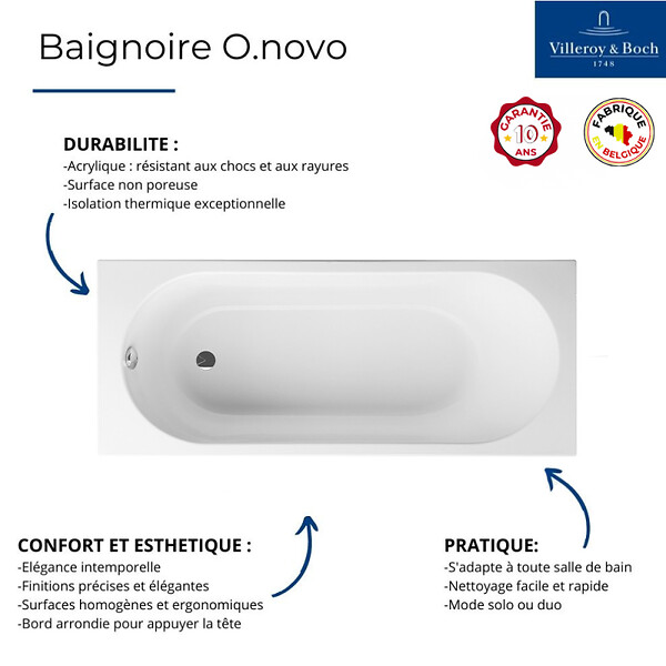 VILLEROY ET BOCH - Baignoire droite O.Novo 170 x 70 cm Blanc + Pare bain droite AURYS Raywall noir mat - large