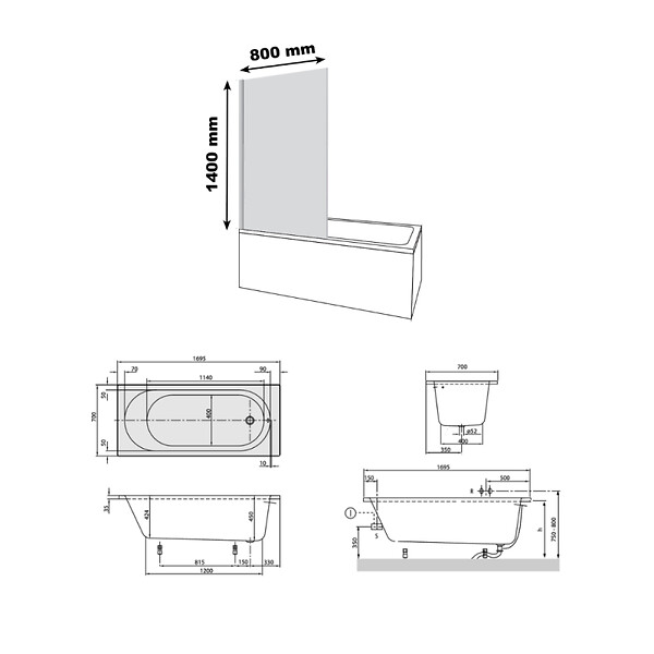 VILLEROY ET BOCH - Baignoire droite O.Novo 170 x 70 cm Blanc + Pare bain droite AURYS Raywall noir mat - large