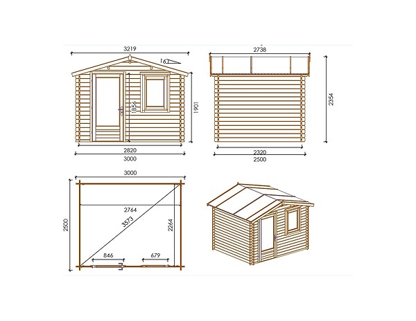 ALTANKA - Abri de jardin en bois - 7.5m2 - 3x2.5m - Ep. 28mm - Couleur: naturel - DOM755 - large