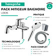 HANSGROHE - Pack mitigeur bain mécanique Logis + Pommeau Crometta EcoSmart + Flexible Isiflex + Support et colonnettes Chromé - vignette