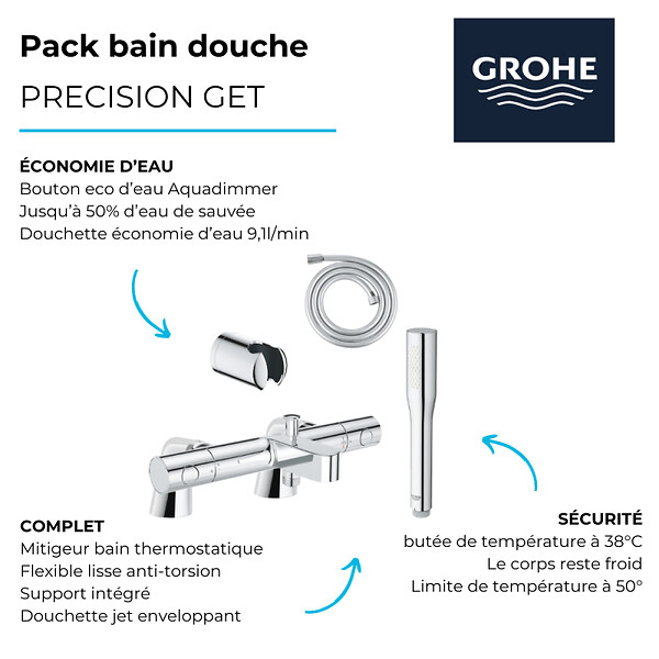 GROHE - Pack mitigeur thermostatique Grohtherm 800 avec colonnettes + Douchette 1 jet Vitalio Get Stick + Flexible 1750 mm et support - large