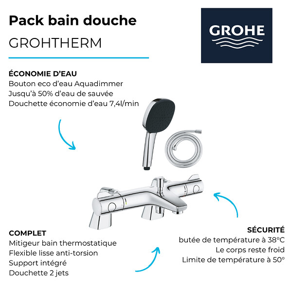 GROHE - Pack mitigeur bain douche thermostatique Grohtherm 800 + douchette carré  2 jets + flexible - large