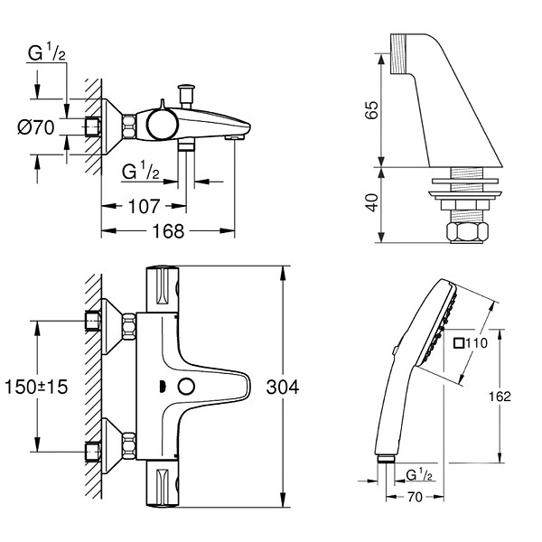 GROHE - Pack mitigeur bain douche thermostatique Grohtherm 800 + douchette carré  2 jets + flexible - large