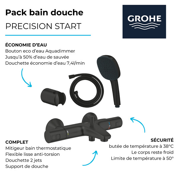 GROHE - Pack mitigeur Thermostatique bain douche Precision Start + Douchette 2 jets Vitalio Comfort 110 avec flexible et support - large