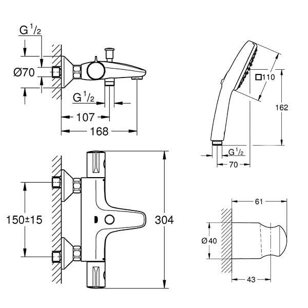 GROHE - Pack mitigeur Thermostatique bain douche Precision Start + Douchette 2 jets Vitalio Comfort 110 avec flexible et support - large