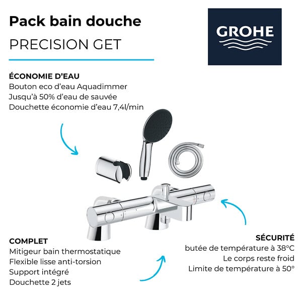 GROHE - Pack mitigeur bain douche thermostatique Precision Get + douchette ronde  2 jets + flexible + support - large
