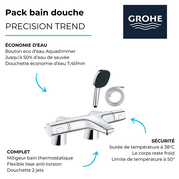 GROHE - Pack mitigeur bain douche thermostatique Precision Trend + douchette carré  2 jets + flexible - large